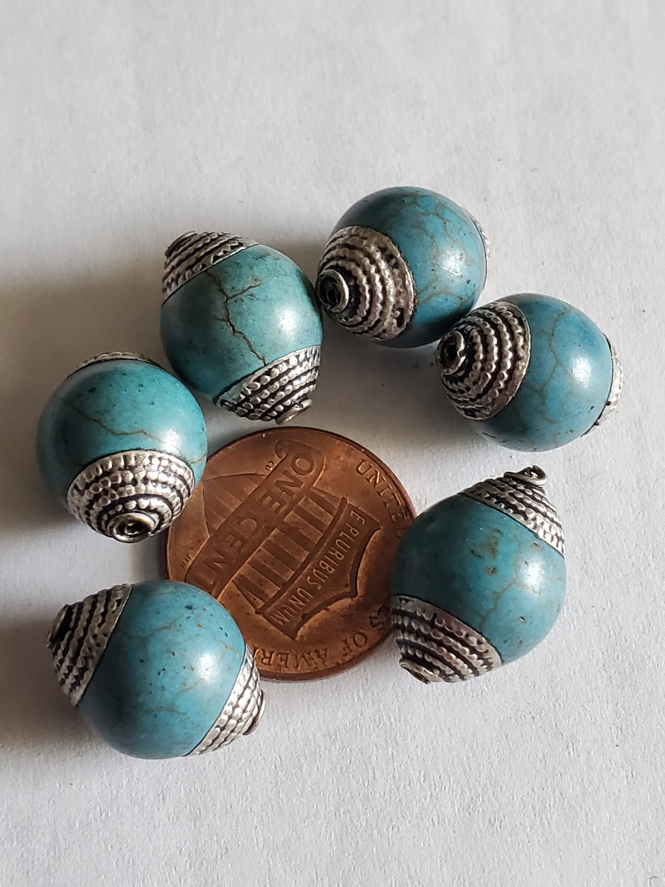 2 BEADS - 12 mm thick x 15-16 mm long Capped Tibetan turquoise gemstone beads from Nepal -- BD484T
