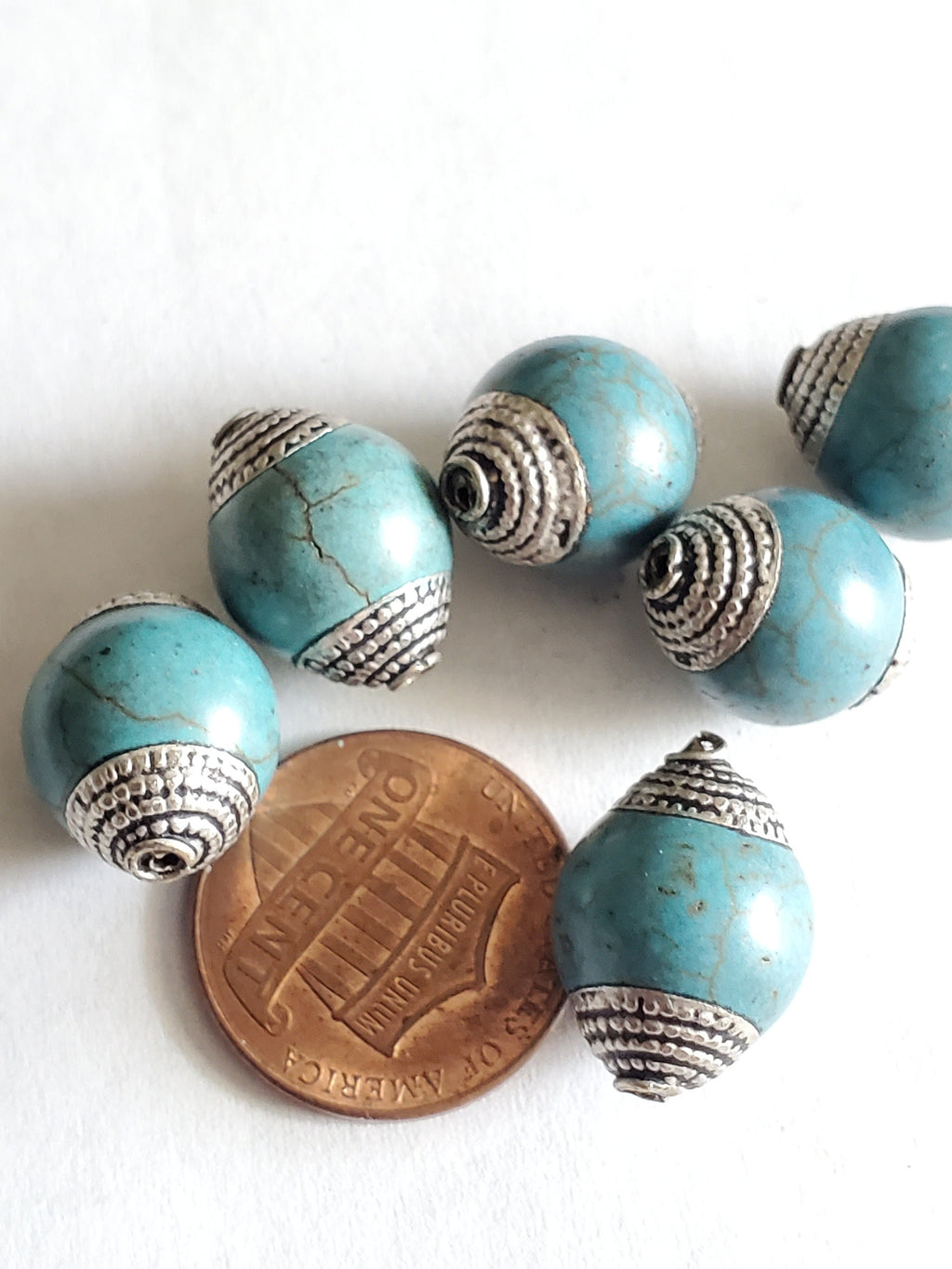 2 BEADS - 12 mm thick x 15-16 mm long Capped Tibetan turquoise gemstone beads from Nepal -- BD484T
