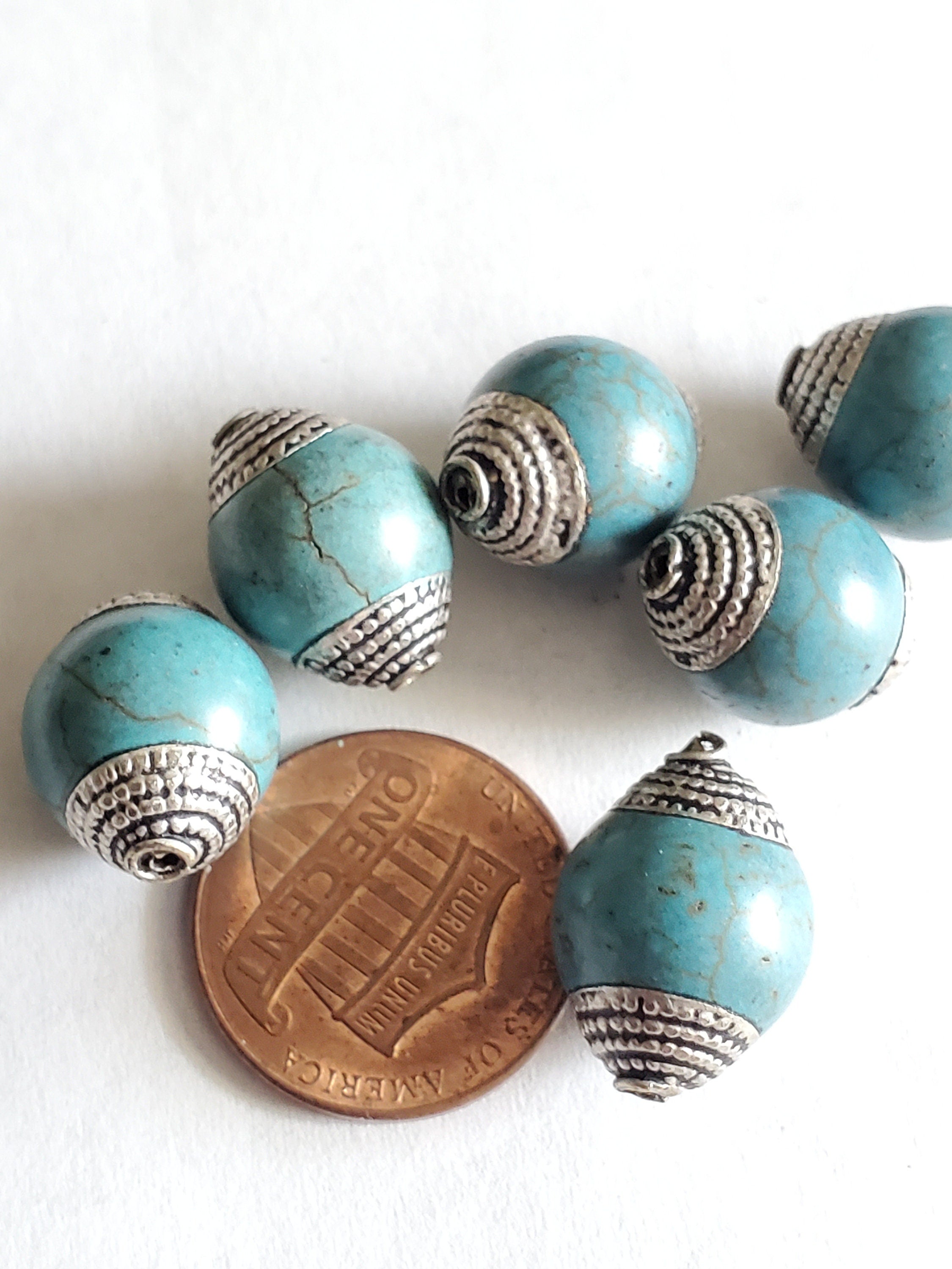 2 BEADS - 12 mm thick x 15-16 mm long Capped Tibetan turquoise gemstone beads from Nepal -- BD484T
