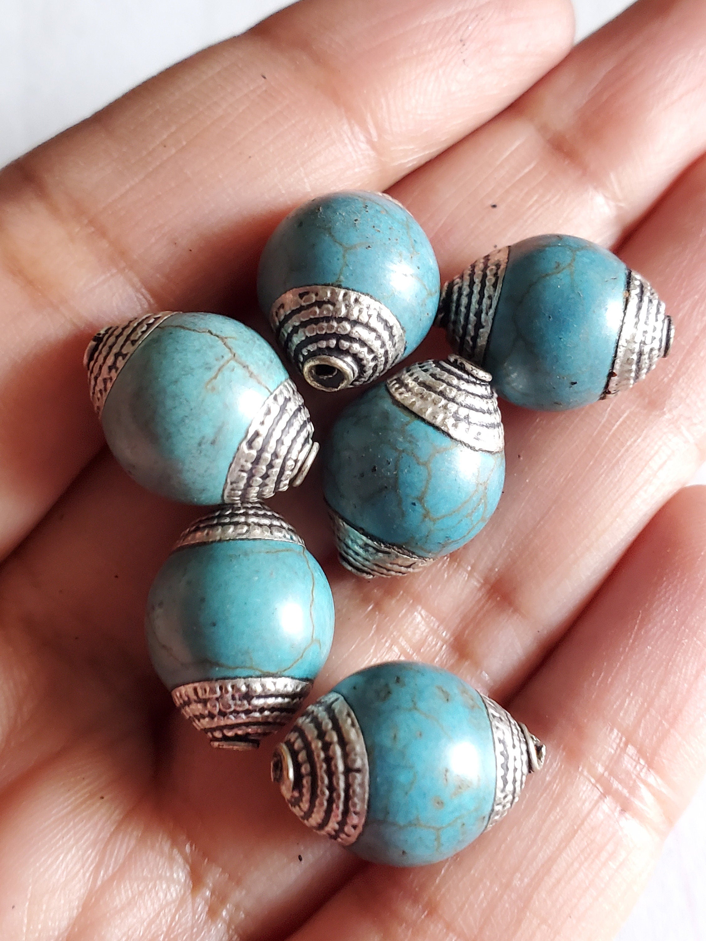 2 BEADS - 12 mm thick x 15-16 mm long Capped Tibetan turquoise gemstone beads from Nepal -- BD484T