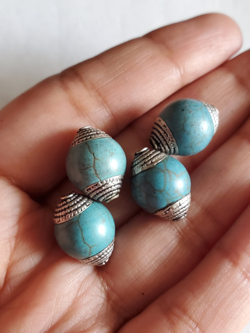 2 BEADS - 12 mm thick x 15-16 mm long Capped Tibetan turquoise gemstone beads from Nepal -- BD484T