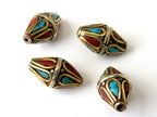 2 Beads sale - Tibetan brass beads bicone shape with turquoisee coral inlay - BD015