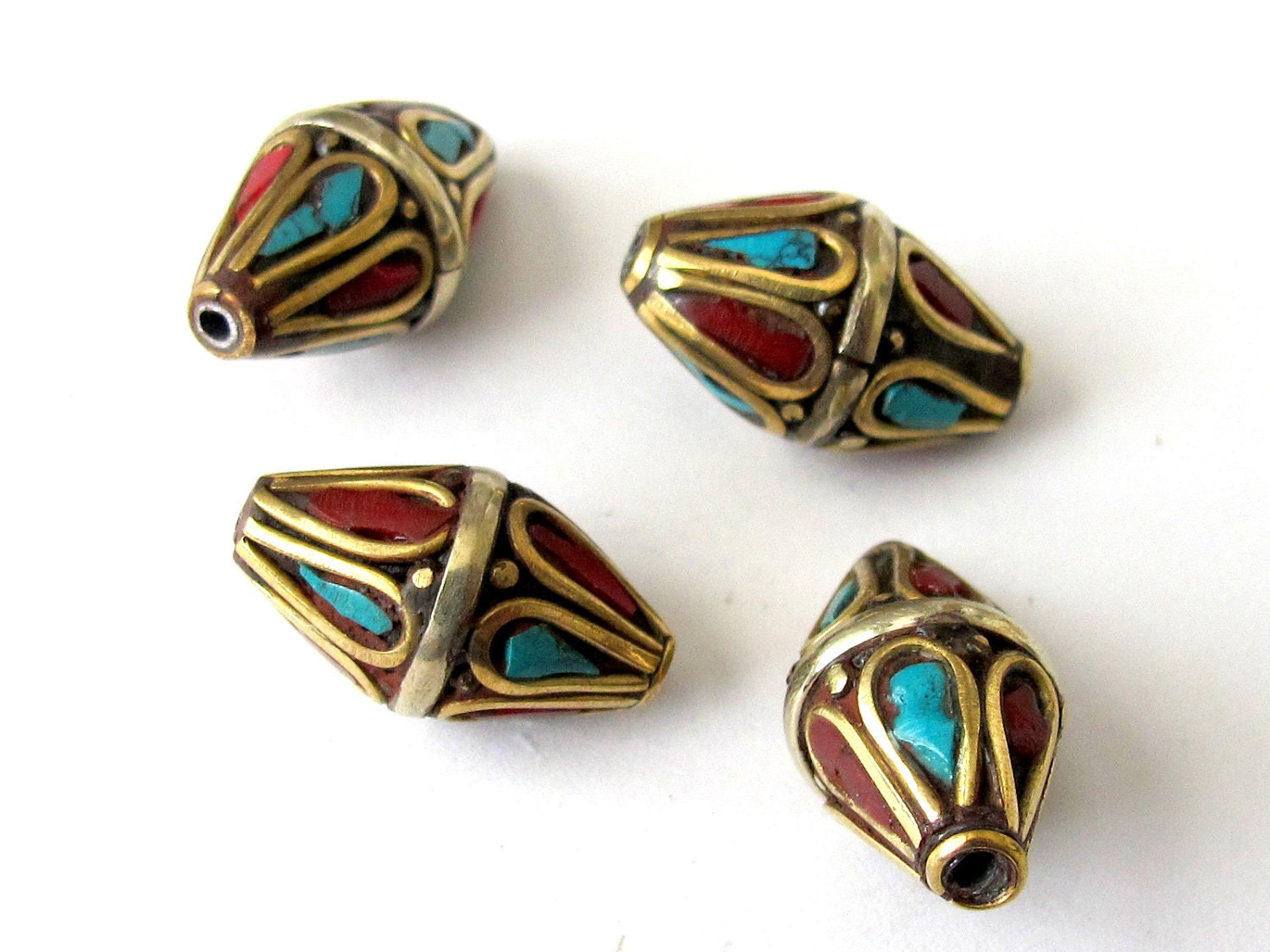 2 Beads sale - Tibetan brass beads bicone shape with turquoisee coral inlay - BD015