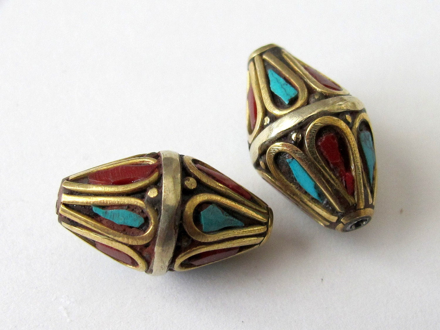 2 Beads sale - Tibetan brass beads bicone shape with turquoisee coral inlay - BD015
