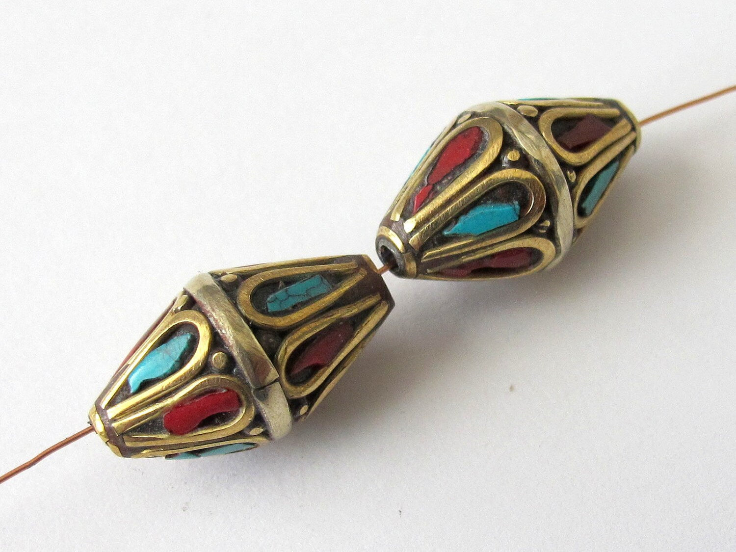 2 Beads sale - Tibetan brass beads bicone shape with turquoisee coral inlay - BD015