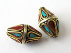 2 Beads sale - Tibetan brass beads bicone shape with turquoisee coral inlay - BD015