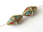 2 Beads sale - Tibetan brass beads bicone shape with turquoisee coral inlay - BD015