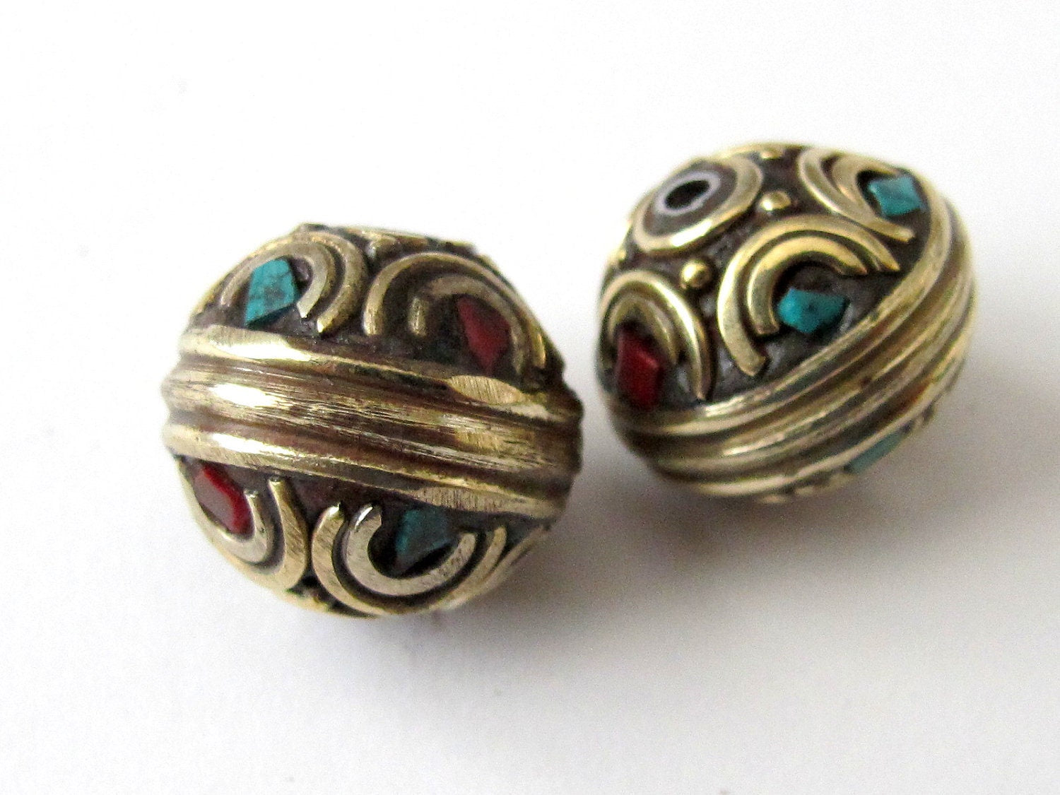 Nepali beads inlaid with turquoise and - 1 bead-BD022