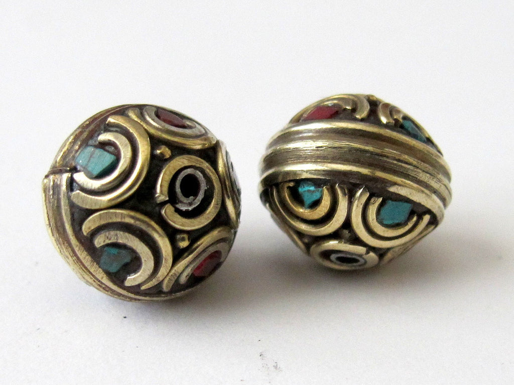 Nepali beads inlaid with turquoise and - 1 bead-BD022
