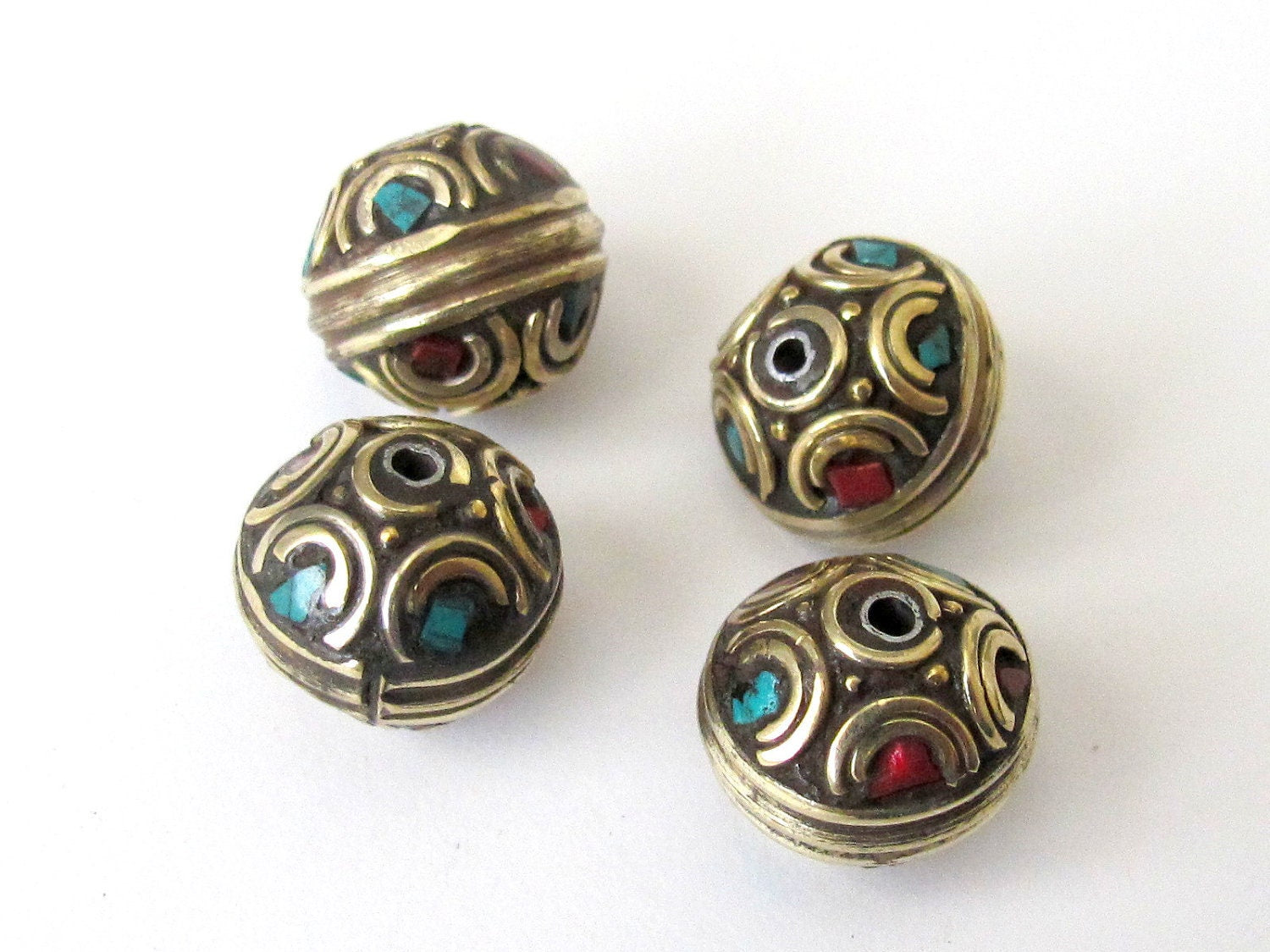 Nepali beads inlaid with turquoise and - 1 bead-BD022