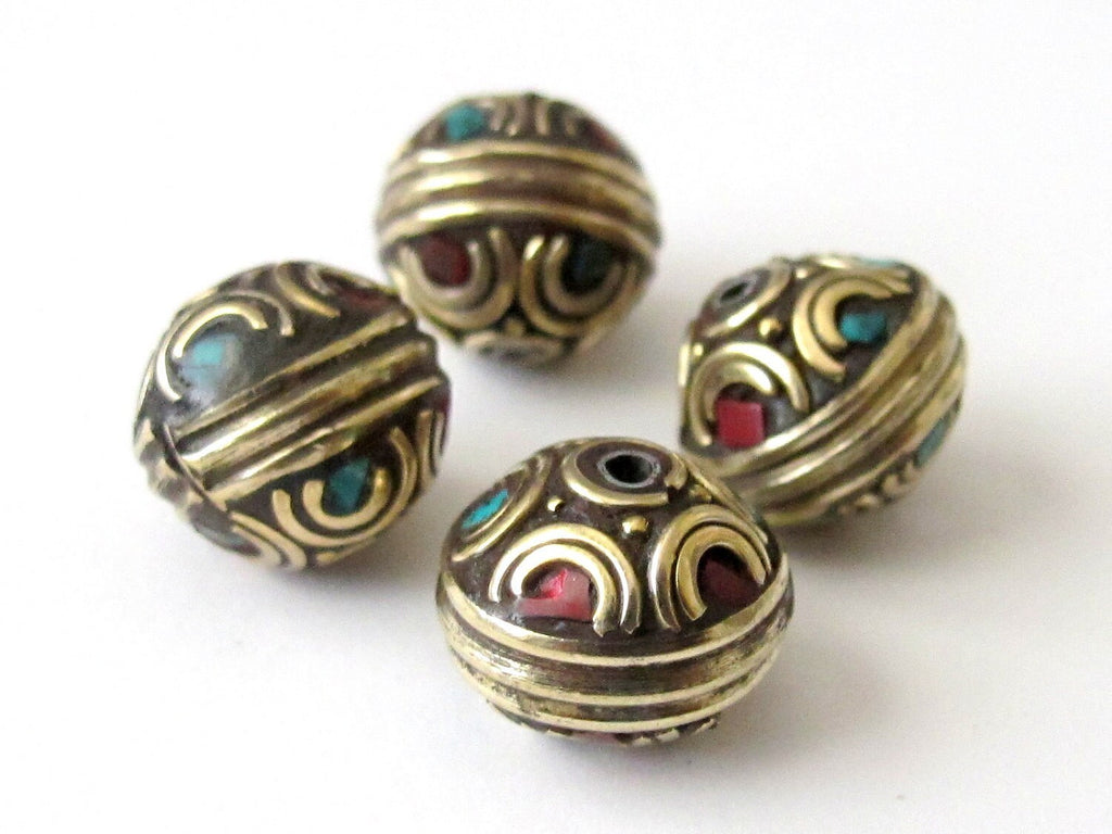 Nepali beads inlaid with turquoise and - 1 bead-BD022
