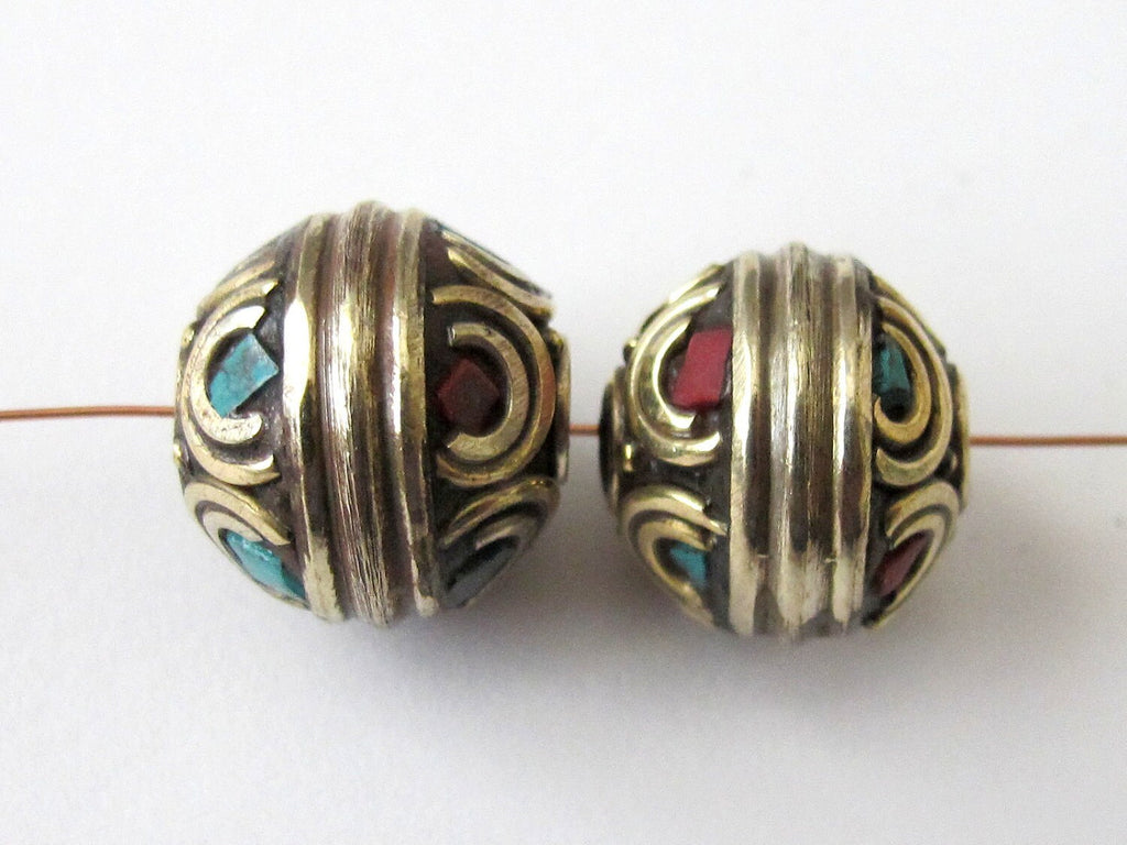 Nepali beads inlaid with turquoise and - 1 bead-BD022