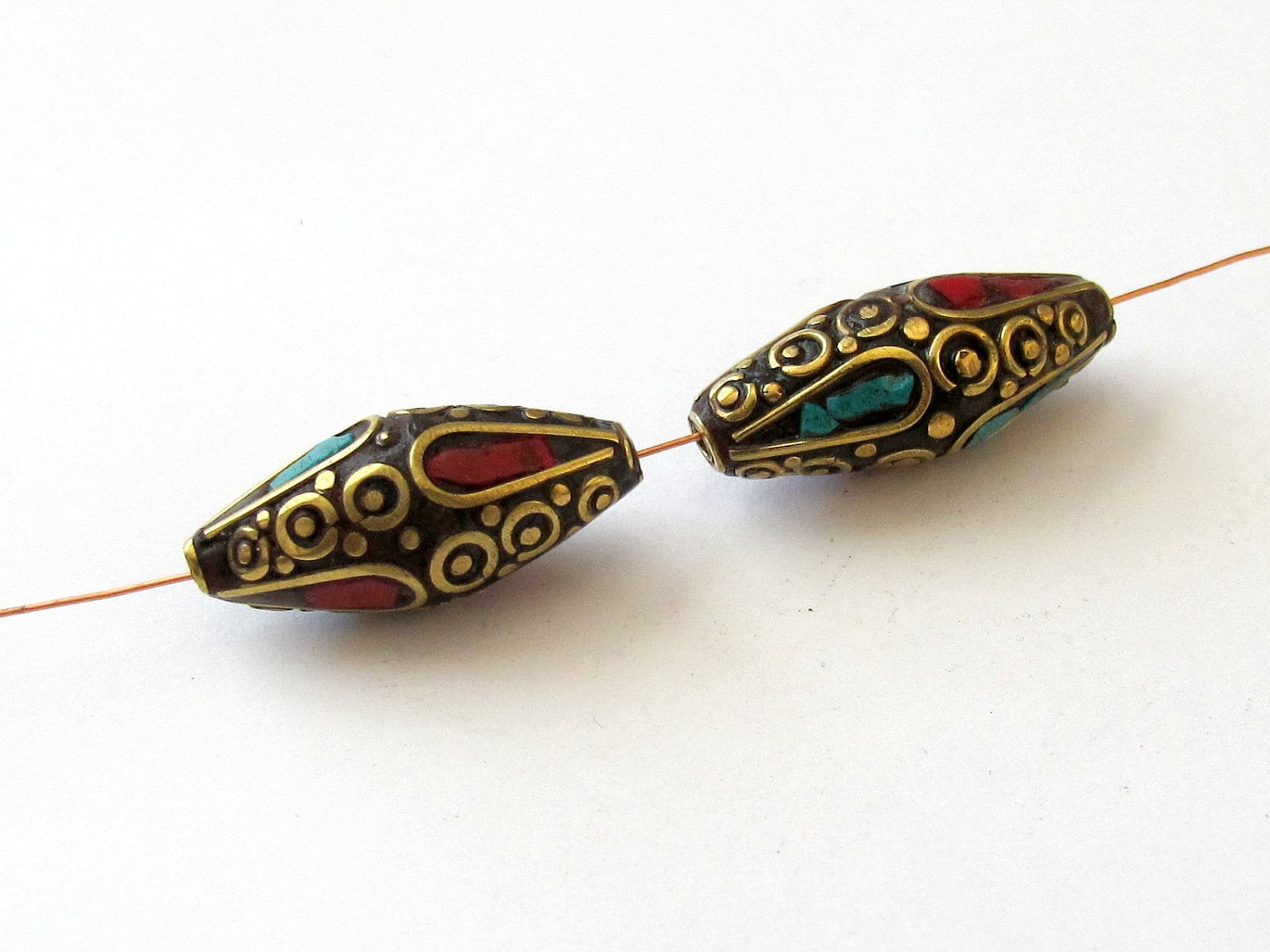 Beautiful Filigree long nepalese brass beads - 1 bead -BD034