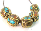 2 Beads - Nepalese brass beads oval shape with turquoise inlay - BD043
