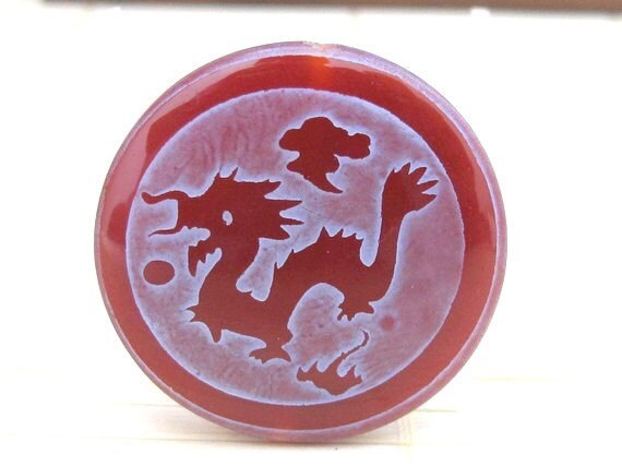 1 Bead - Tibetan dragon phoenix reversible etched agate disc shape gemstone bead - BD161