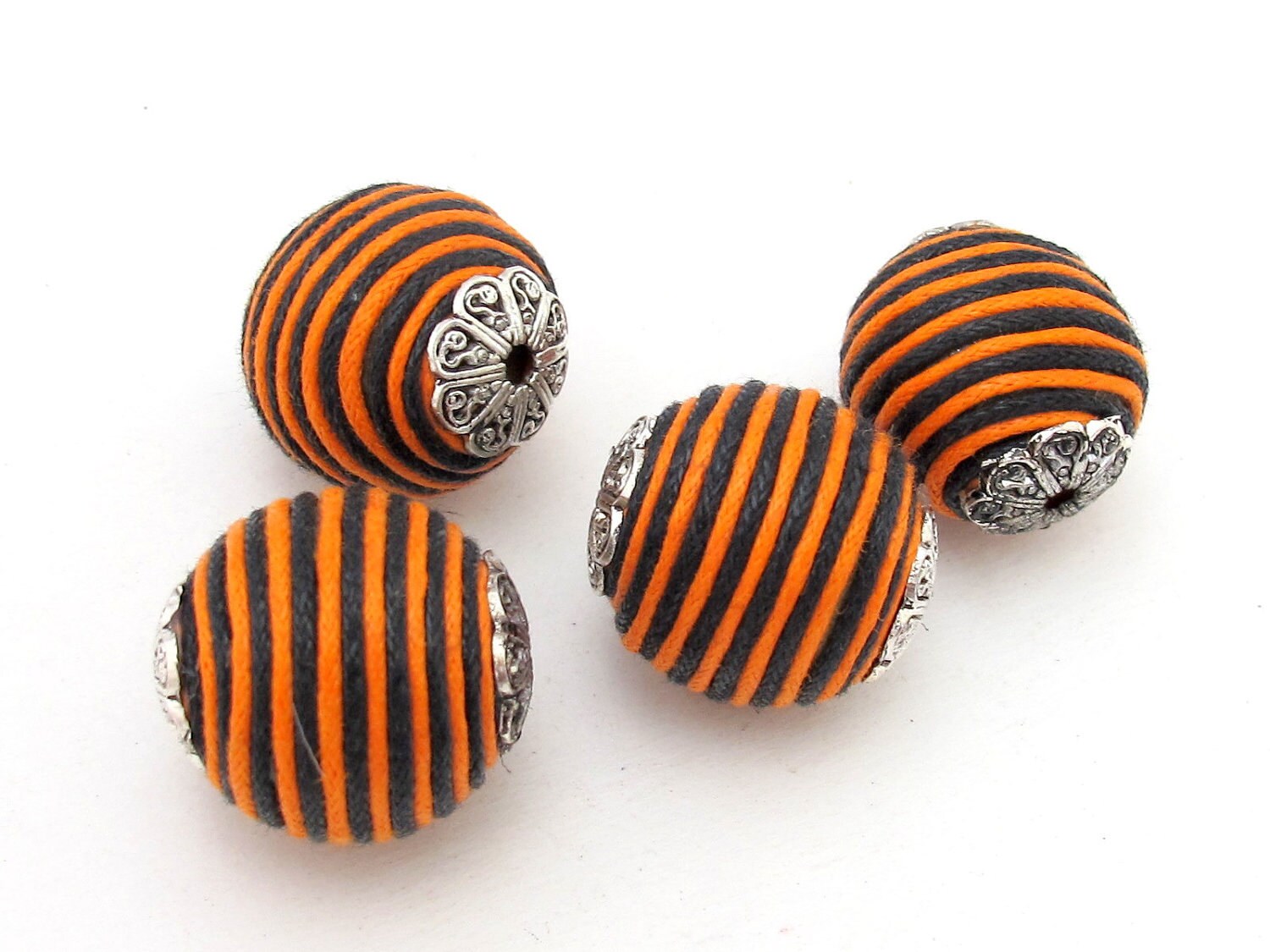 Orange brown stripes capped beads - 2 beads - BD195