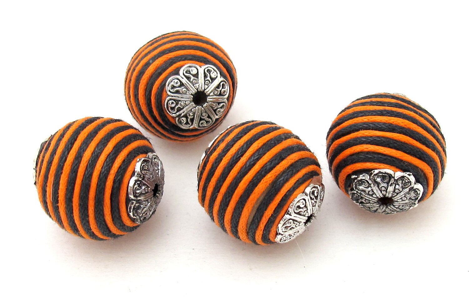 Orange brown stripes capped beads - 2 beads - BD195