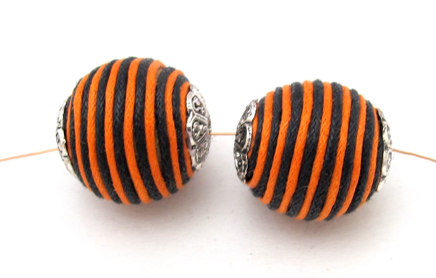 Orange brown stripes capped beads - 2 beads - BD195