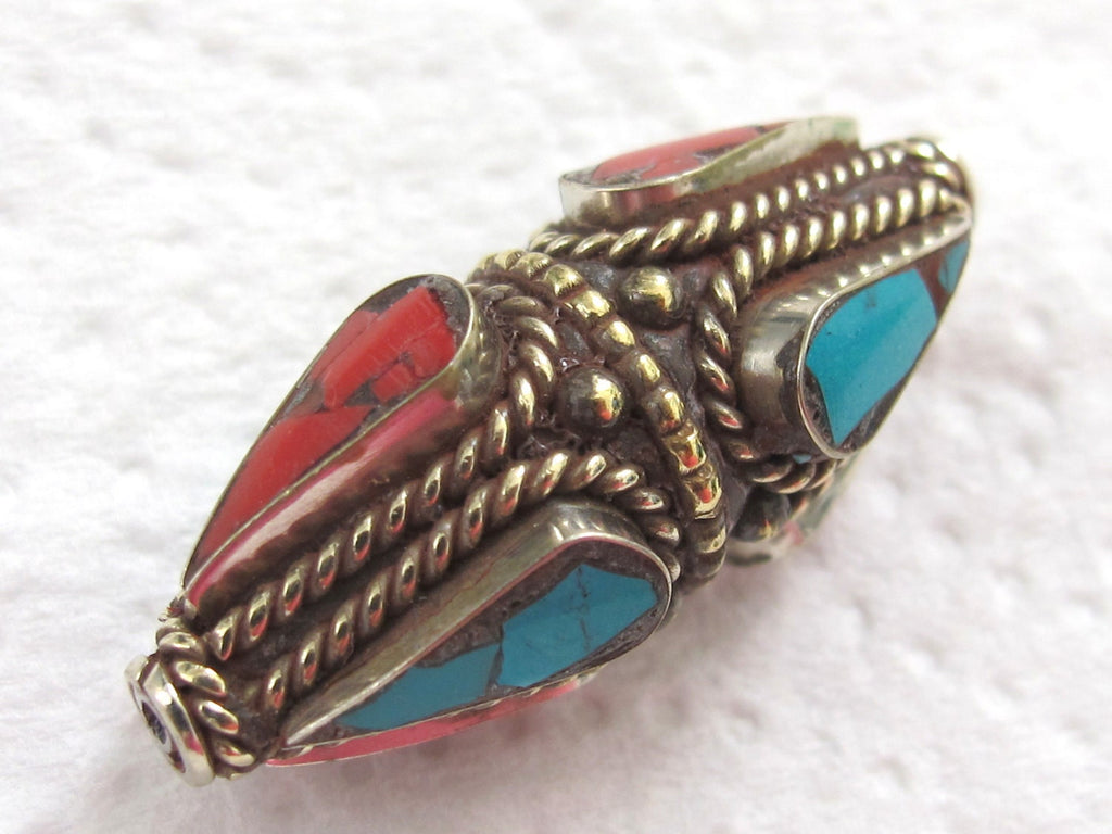 1 Bead - Large Nepal brass pendant bead with turquoise inlay - BD115