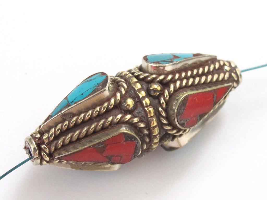 1 Bead - Large Nepal brass pendant bead with turquoise inlay - BD115