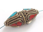 1 Bead - Large Nepal brass pendant bead with turquoise inlay - BD115