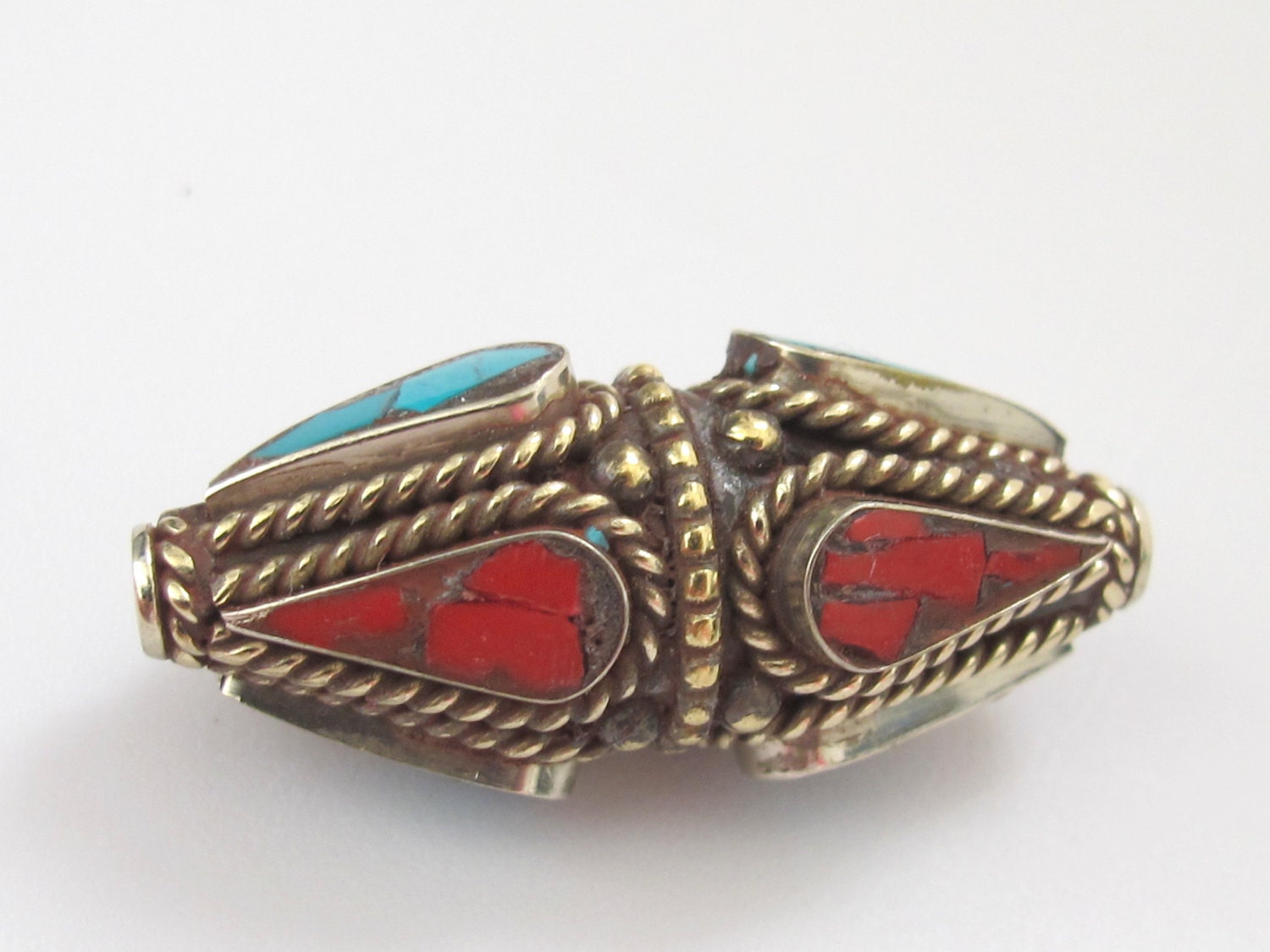 1 Bead - Large Nepal brass pendant bead with turquoise inlay - BD115