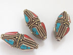 1 Bead - Large Nepal brass pendant bead with turquoise inlay - BD115