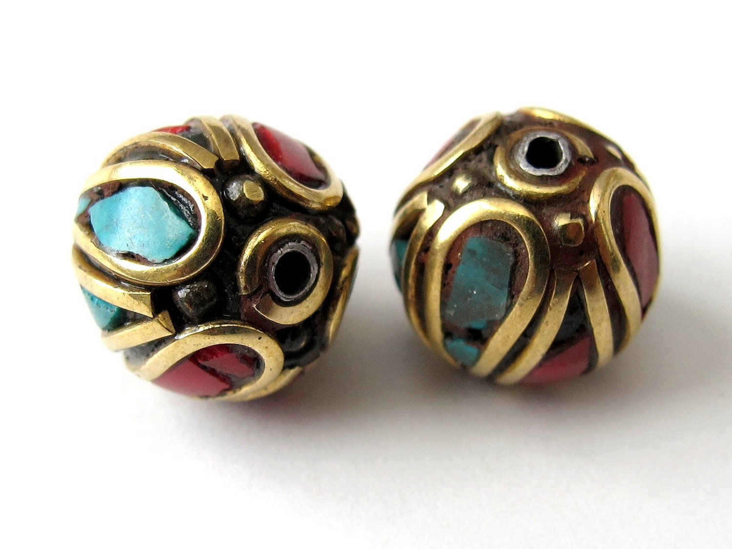 2 Beads - Nepal beads made of brass with turquoise and coral inlay -BD046