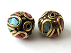 2 Beads - Nepal beads made of brass with turquoise and coral inlay -BD046