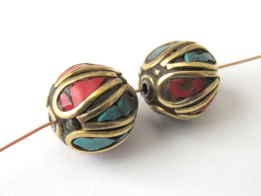 2 Beads - Nepal beads made of brass with turquoise and coral inlay -BD046