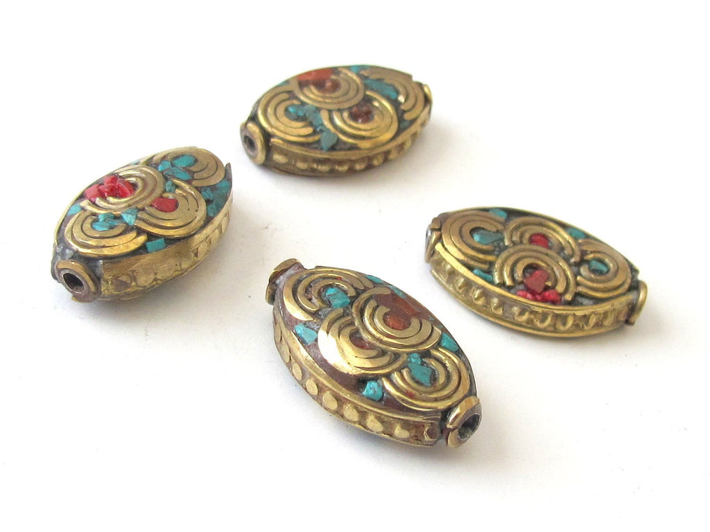 1 Bead - Tibetan nepal brass beads with turquoise coral inlay-BD060