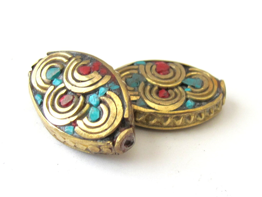 1 Bead - Tibetan nepal brass beads with turquoise coral inlay-BD060