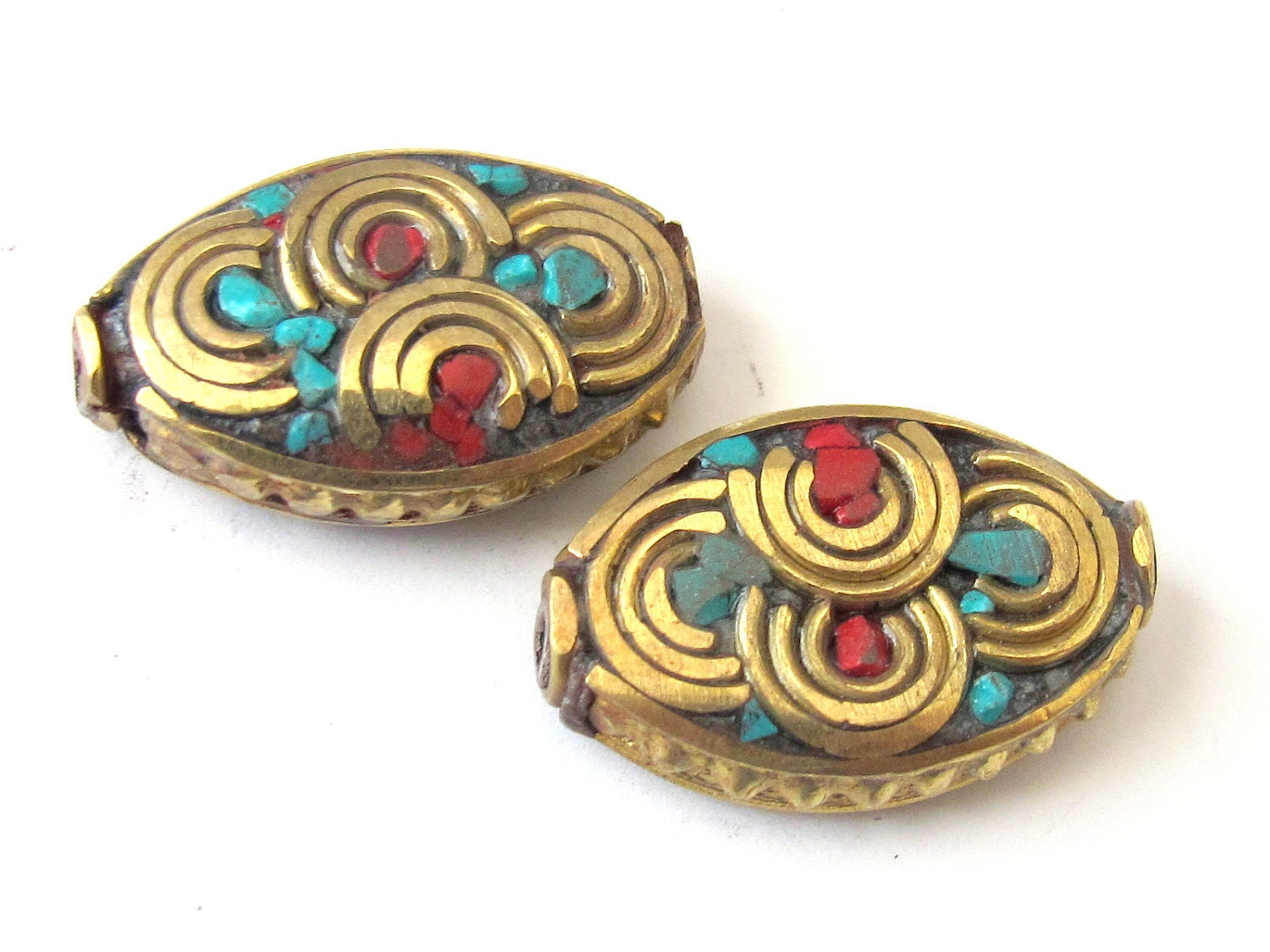 1 Bead - Tibetan nepal brass beads with turquoise coral inlay-BD060