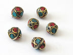 Nepal beads- brass with turquoise inlay - 1 bead - BD063