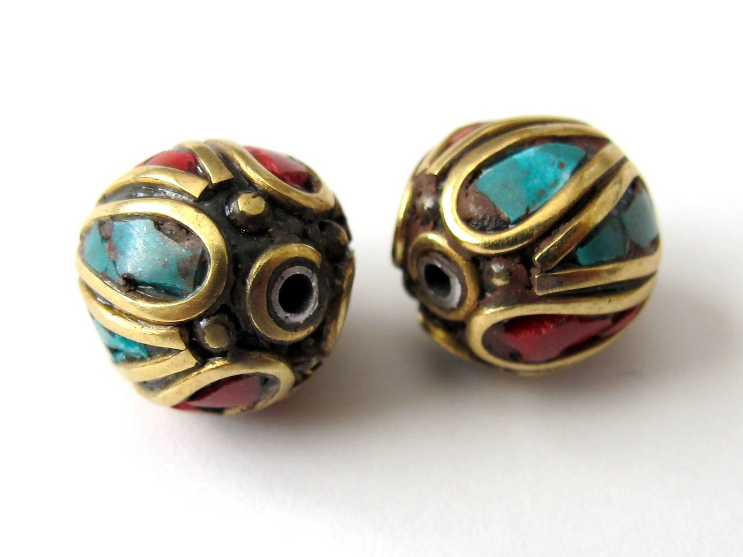 2 Beads - Nepal beads made of brass with turquoise and coral inlay -BD046