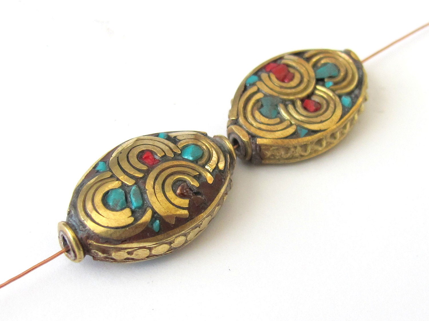 1 Bead - Tibetan nepal brass beads with turquoise coral inlay-BD060