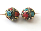 Nepal beads- brass with turquoise inlay - 1 bead - BD063
