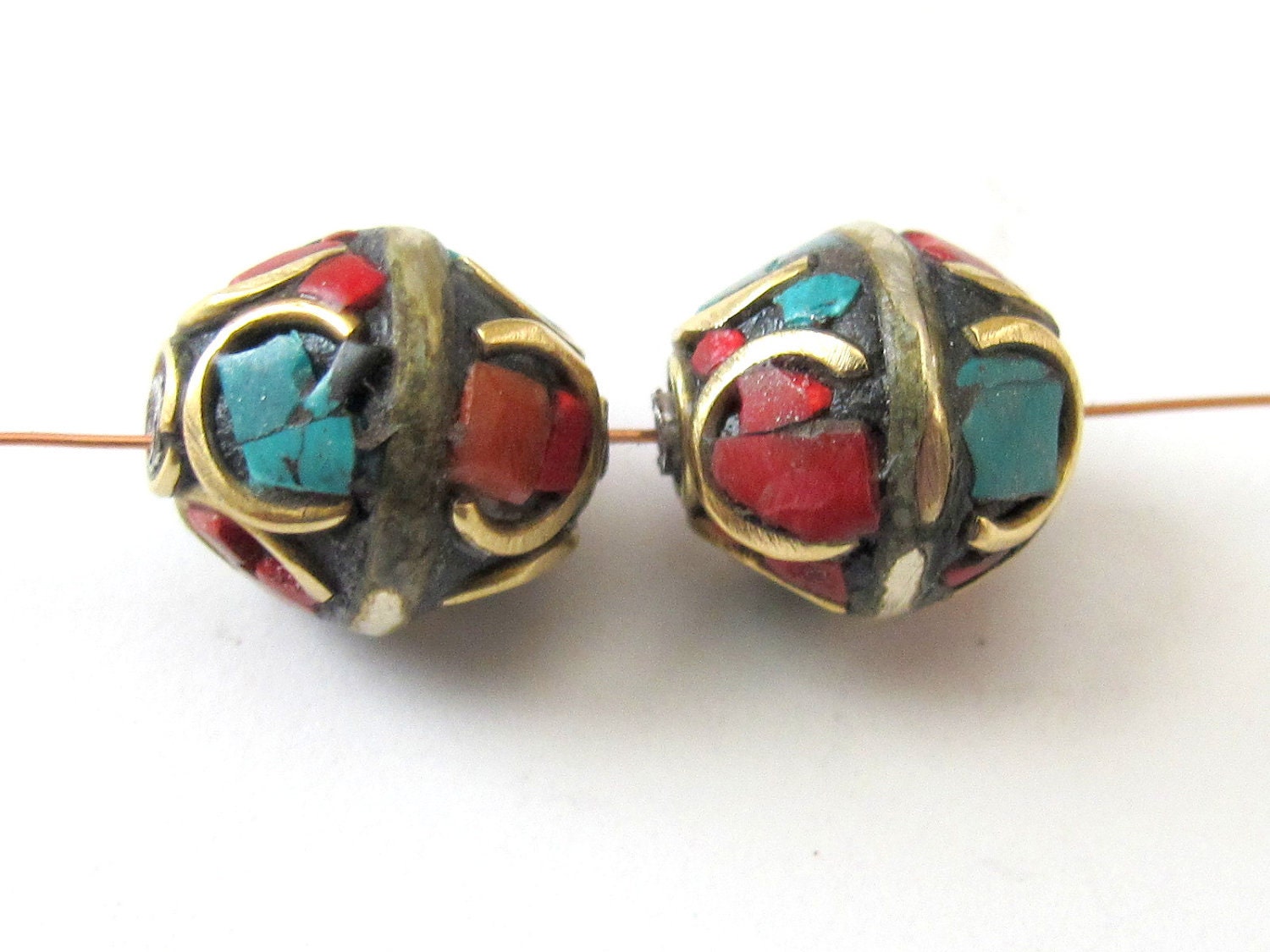 Nepal beads- brass with turquoise inlay - 1 bead - BD063