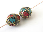 Nepal beads- brass with turquoise inlay - 1 bead - BD063