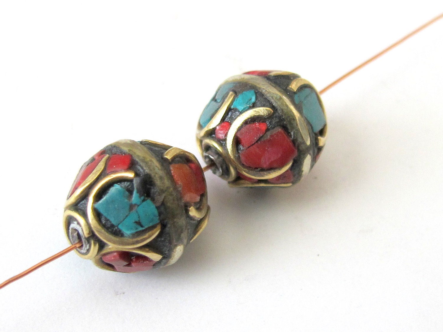 Nepal beads- brass with turquoise inlay - 1 bead - BD063