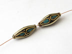 2 Beads - Nepal beads brass with turquoise inlay bicone shape - Nepal beads shop - BD073