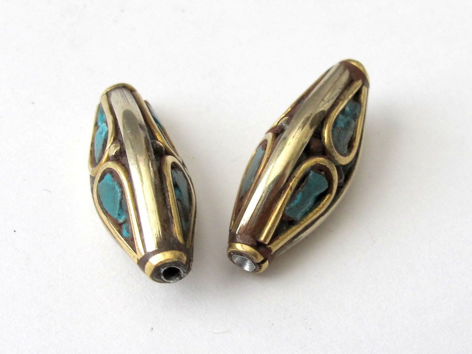 2 Beads - Nepal beads brass with turquoise inlay bicone shape - Nepal beads shop - BD073