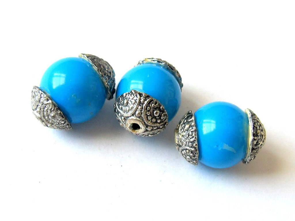 Tibetan capped blue stone bead - 2 bead - BD091