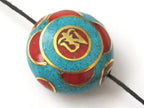 2 Beads-Oval coin shape Tibetan turquoise coral Om inscribed bead - BD109