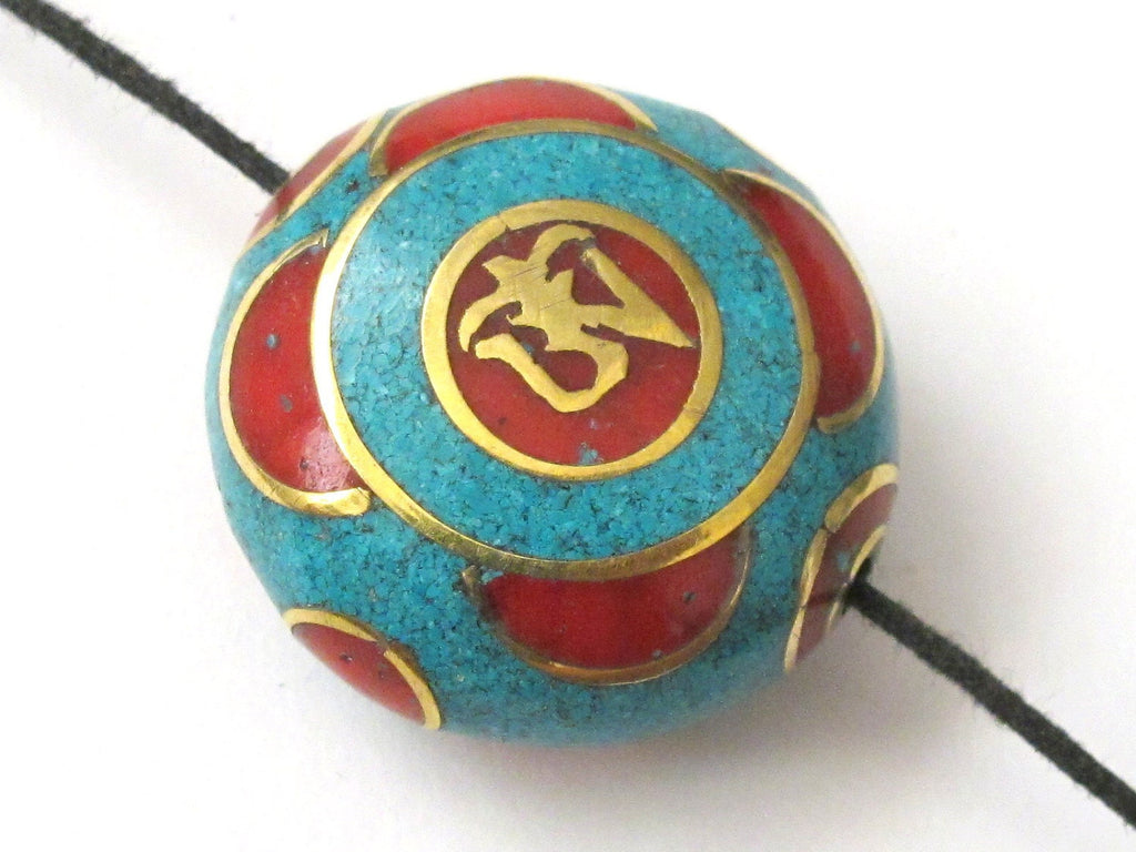 2 Beads-Oval coin shape Tibetan turquoise coral Om inscribed bead - BD109