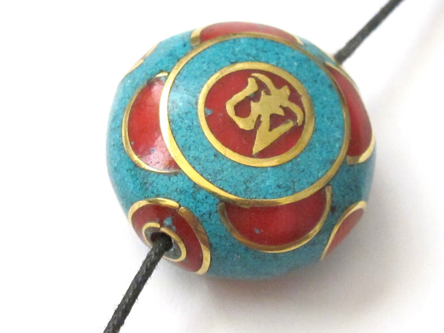 1 BEAD - Large Tibetan turquoise coral OM pendant bead - BD109
