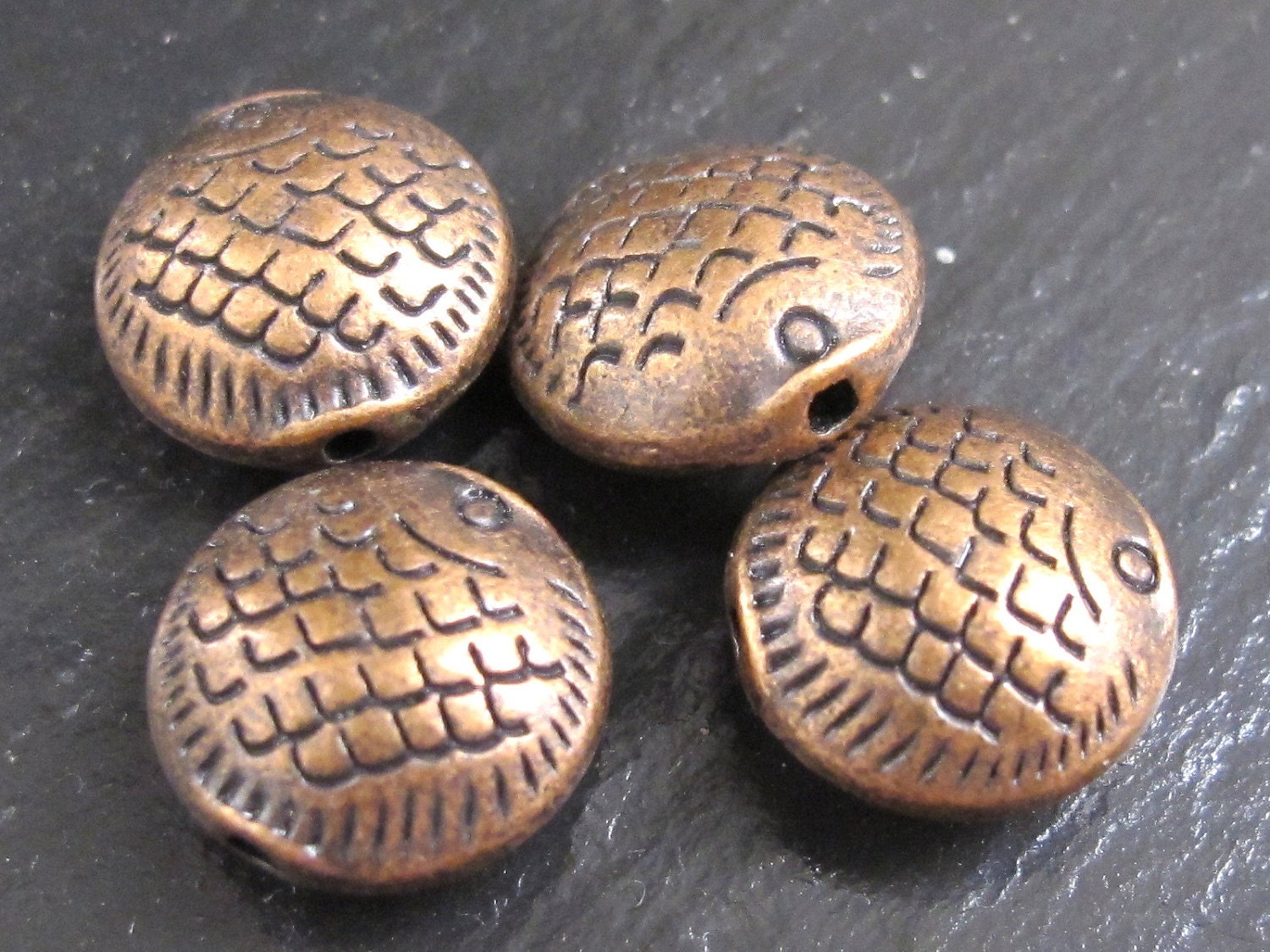 4 beads - Copper tone finish Fish Design Beads – Rustic Tibetan-Style Metal Beads for Jewelry Making- fishing theme beads - BD200