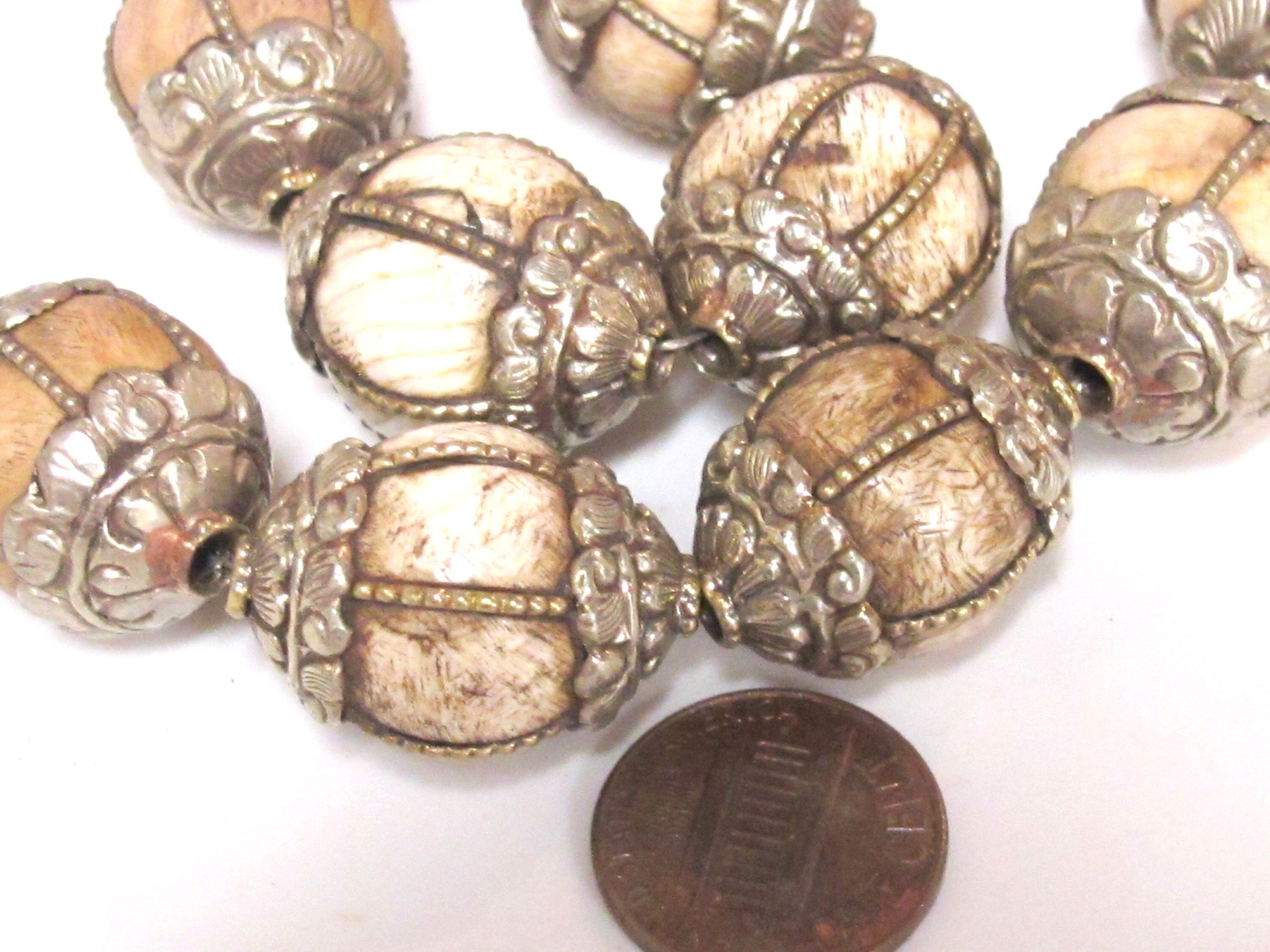 2 Beads - Tibetan floral capped grooved wire inlaid Tribal naga conch shell bead antiqued rustic finish - CH073