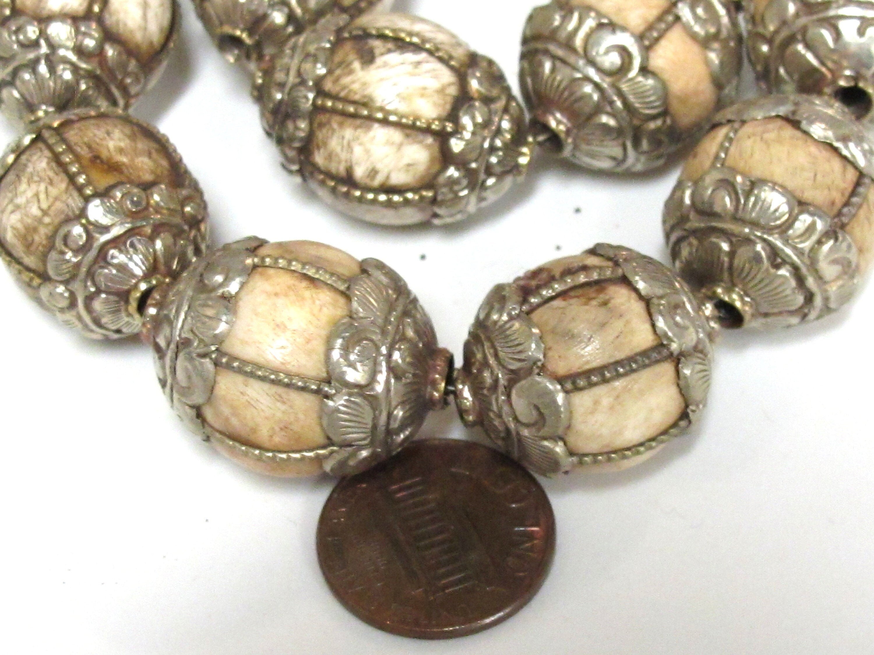 2 Beads - Tibetan floral capped grooved wire inlaid Tribal naga conch shell bead antiqued rustic finish - CH073