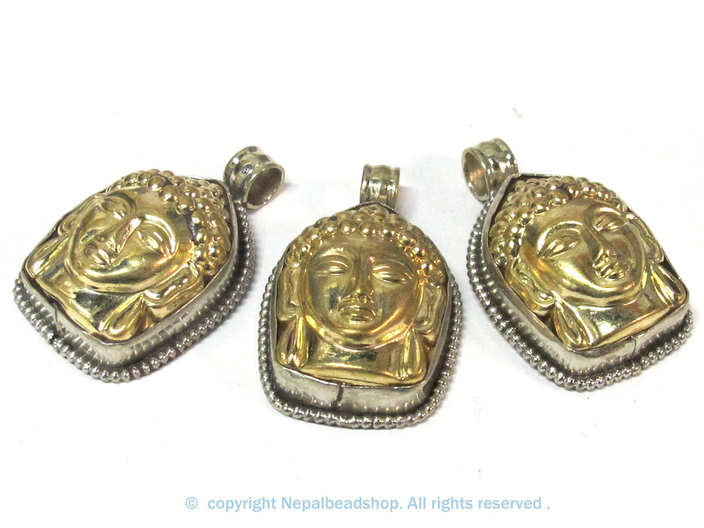 1 Pendant - Tibetan dual tone gold silver color Buddha face pendant with reverse side floral carving from Nepal - PM597B